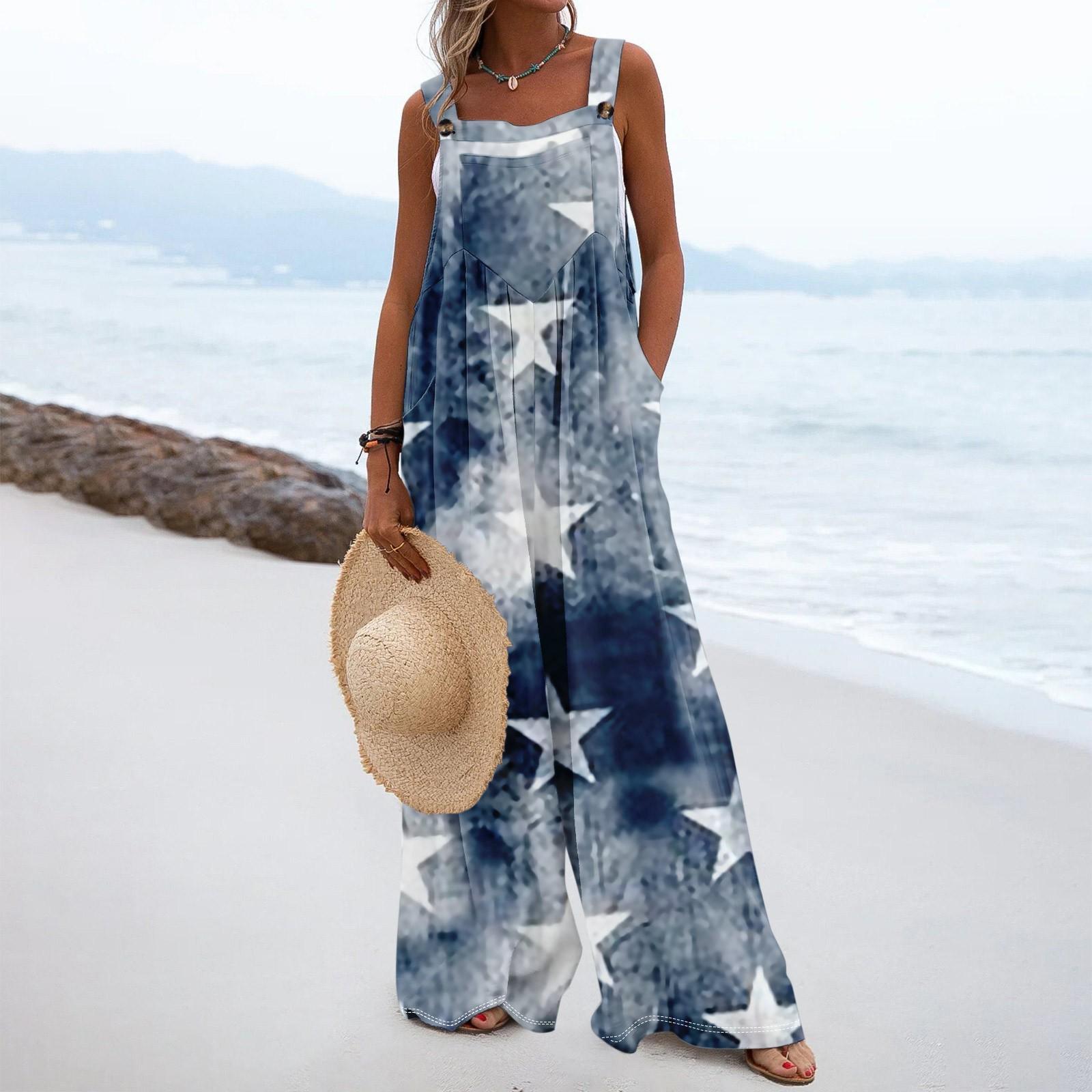 

Широкий комбинезон для женщин, повседневный свободный комбинезон без рукавов с принтом и пуговицами, длинные брюки, комбинезон с карманами M синий
