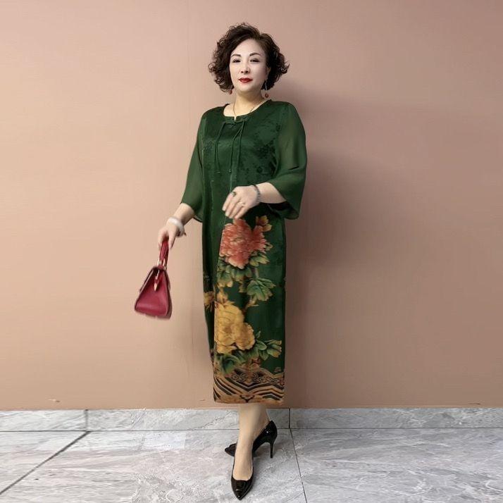 High-end Women's Silk Printed Casual Dress Loose Round-neck Plus-size Dress Summer Straight Long Floral Dress