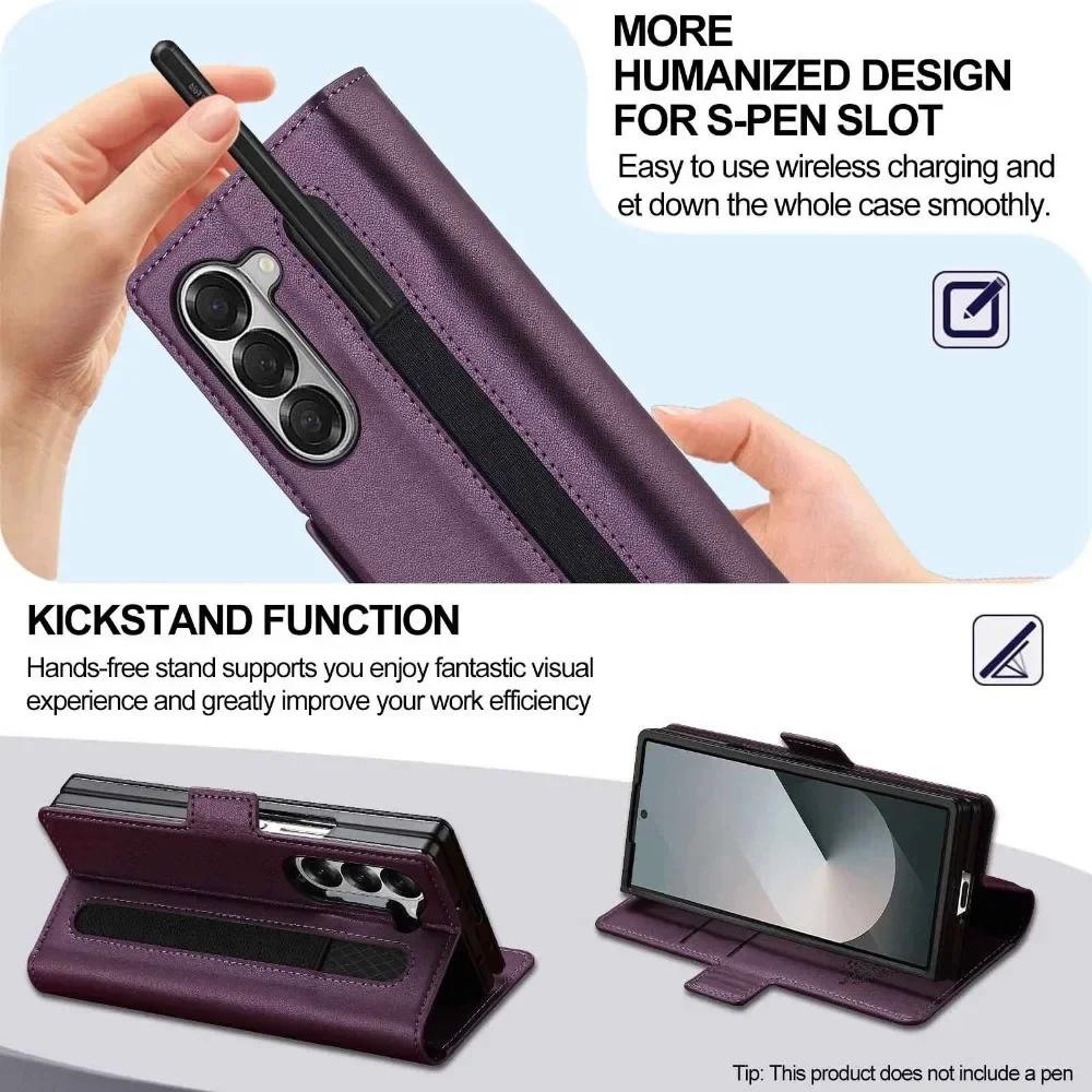 Premium Leather Phone Case for Samsung Galaxy Z Fold 7 6 5 4 3 Fold6 Fold5 Fold4 5G with Pen Holder Wallet Flip Phone Cover
