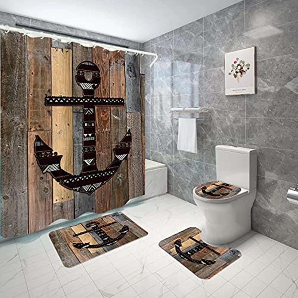 Anchor Shower Curtain Sets Non-Slip Rug Toilet Lid Cover Bath Mat Nautical Anchor Rustic Wood Waterproof Bathroom Curtains Set