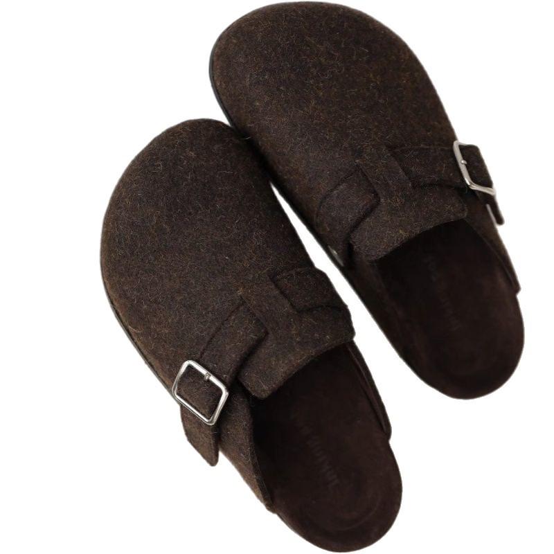 Thick-soled versatile Birkenstock slippers women's baotou in autumn and winter 2025 new felt suede one-pedal wool muller shoes