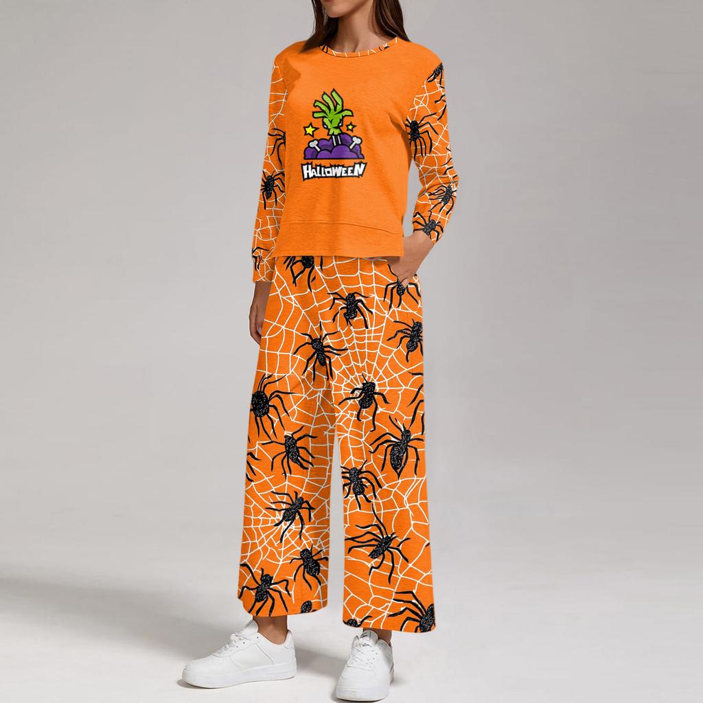 Women's Halloween Print Sweatshirt and Jogger Set, Crewneck Loose Fit with Side Slit Hem
