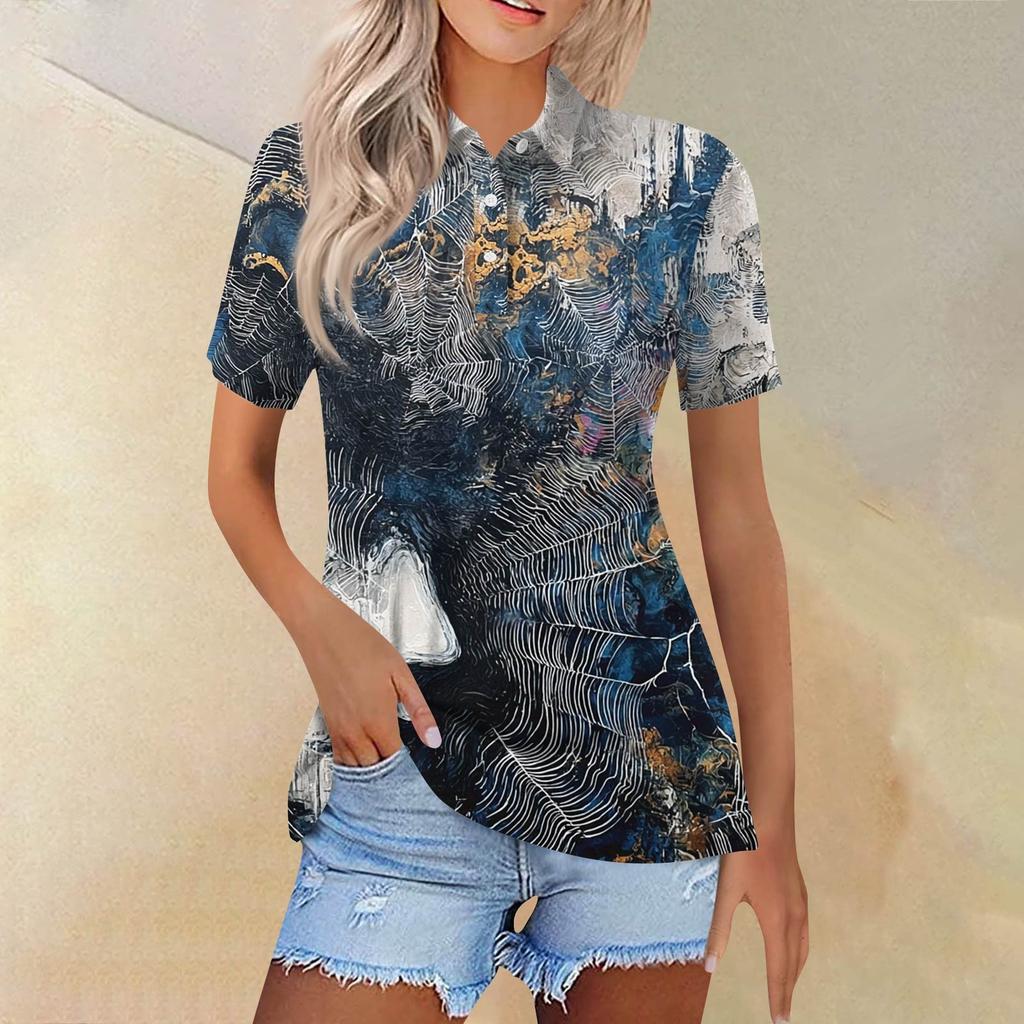 Women's Fashion Casual Lapel Short Sleeve Printed Shirt Women's Button Up Tops