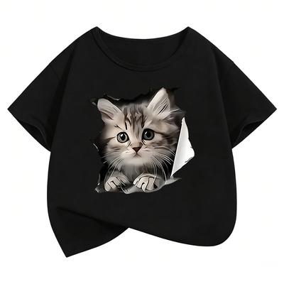 Cute Cat Graphic Kids Tshirts Summer Short Sleeve Tees Cartoon Animal Boys Girls Clothes Kawaii Kitten Tops Y2K Children T-shirt