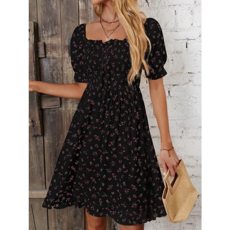 YYFS Damenmode Sommer Frühling Kurzarm Quadratischer Kragen Hohe Taille Freizeitkleider