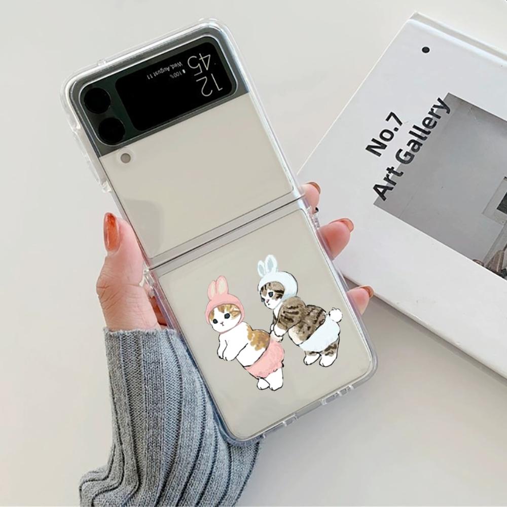 Cute Cartoon Cat Couple Phone Case For Samsung Galaxy Z Flip 6 ZFlip 5 Hard Transparent Cover for Samsung ZFlip 4 ZFlip3 ZFlip7