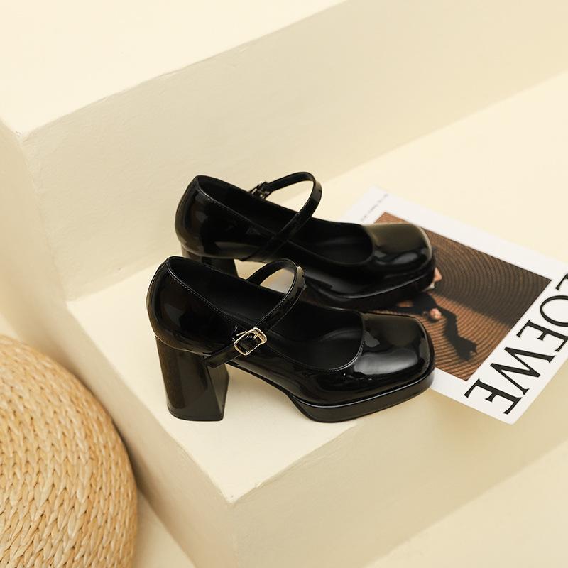 

3359-12 One word with high heels single shoes women s summer new French temperament thick heels high heels women s shoes 40 чёрный