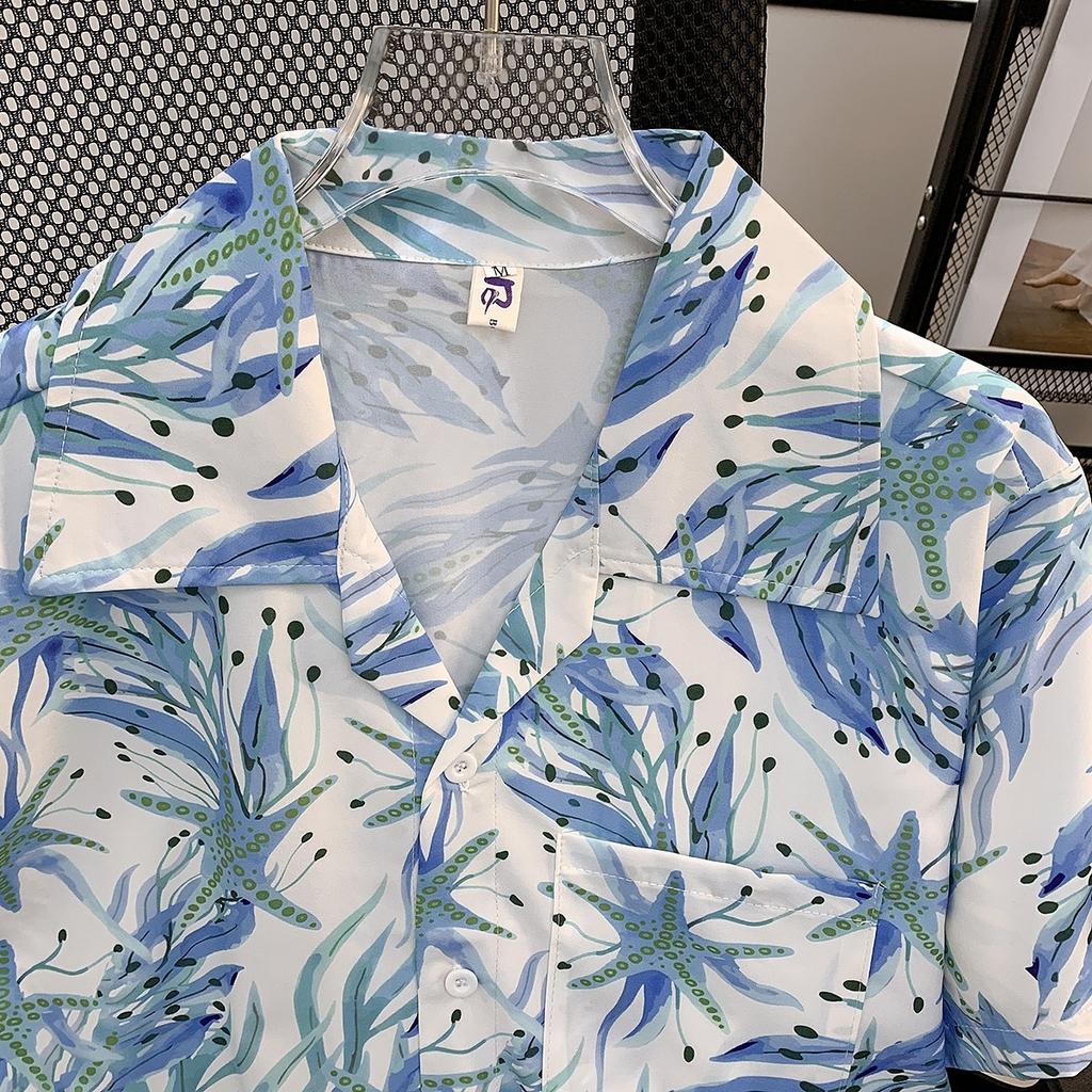 Strapping Rural Plant Floral Print Cuban Collar Short Sleeve Printed Shirt Men's Hawaiian Japanese-Style Retro Hong Kong Style Casual Top