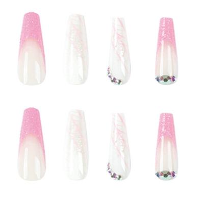 24Pcs Long Press-On Nails with Rhinestones Designs Full Cover French False Nails Glitter Acrylic Nails for Women Girl