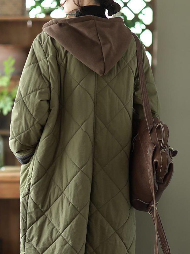 Toamnă Vintage Plus Size Palton rombic cu glugă Femei Iarnă Nouă Jachetă din bumbac Largi Casual Lungime mijlocie Jachete din bumbac căptușite în contrast de culoare