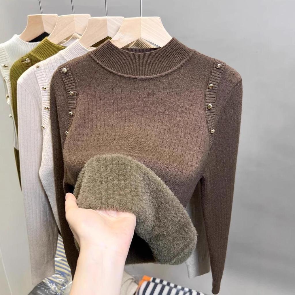 Pulover de Toamnă și Iarnă pentru Femei Plus Catifea Gât Mediu Înalt Cămașă de Bază All-in-one Catifea Îngroșată Hanorac Nou Pulover Tricotat Top