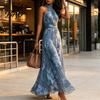 High-waisted Dress Floral Chiffon for Women, Halter Sleeveless Ruched Maxi Green Print Dress, Turtle Neck Wedding Guest Cocktail Evening Pleated Waist