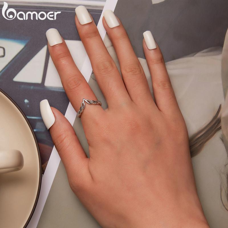 BAMOER madingas V formos žiedas moterims 925 sterlingų sidabrinis paprastas geometrinis madingas žiedas mergaitei, vestuvinė dovana, puikūs papuošalai