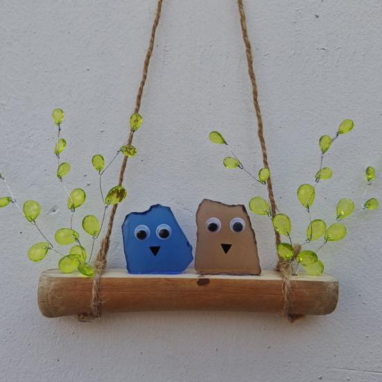 Colorful Sea Glass Bird Perch Handmade Sea Glass Birds on Branch Wall Art for Coastal Home Garden Window Hanging