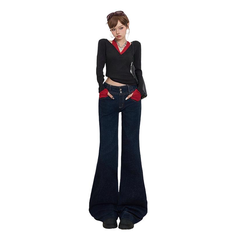 Low-rise double-button slightly pulled jeans for women's autumn and winter new Spice Girls loose and thin horseshoe flared pants without sticking legs