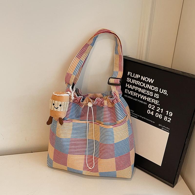 Striped Plaid Bucket Bag Women's Shoulder Bag Color Block Tote Bag