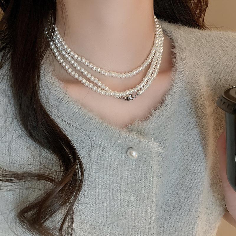 French Long Stacked Colored Pearl Necklace, Simple Temperament Collarbone Chain, Retro Necklace for Women