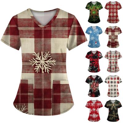 Damesmode V-hals Korte Mouw Met Zak Kerstprint T-shirt Top