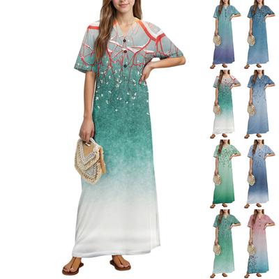Damenmode Bedrucktes Nachthemd Hauskleidung Kurzarm-Nachthemd mit Taschen Langes Kleid