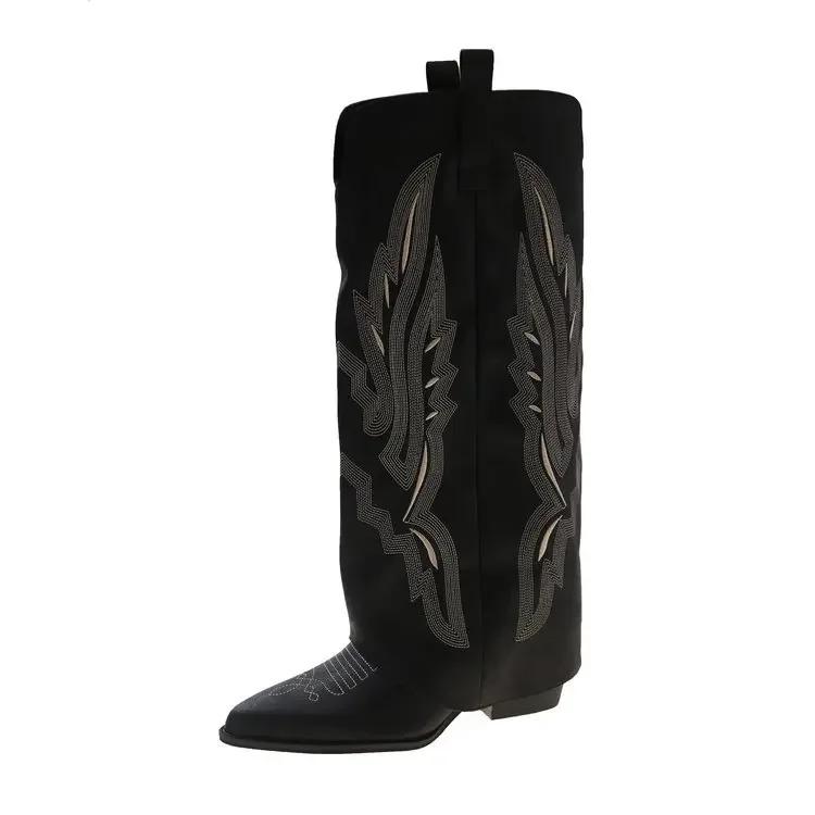 Luxury Embroidery Pointed Toe Western Cowboy Boots Women Winter V Pants Tube Long Boots for Women Chunky Heels High Knight Boots