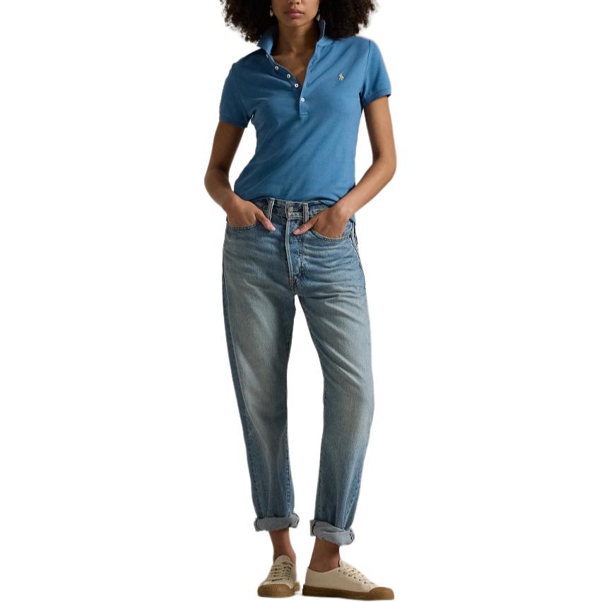 Polo Ralph Lauren Solid Color Logo Embroidered Slim Fit Short Sleeve Polo Shirt Women tops Blue WMPOKNINB920180-400