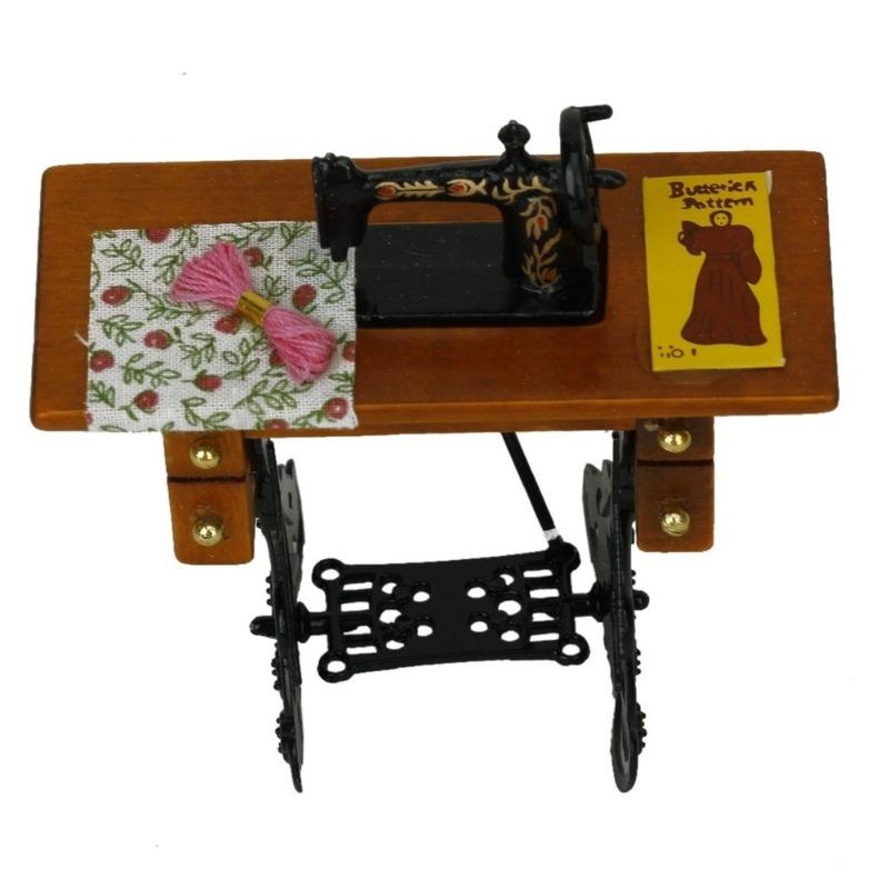 Vintage Miniature Sewing Machine with Cloth for 1/12 Scale Dollhouse Decoration.