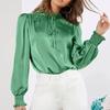 Women Shirt Stand Collar Ruffle Trim Long Sleeve Pullover Tops Solid Color Silky Satin Shirt Loose Fit Casual Tops