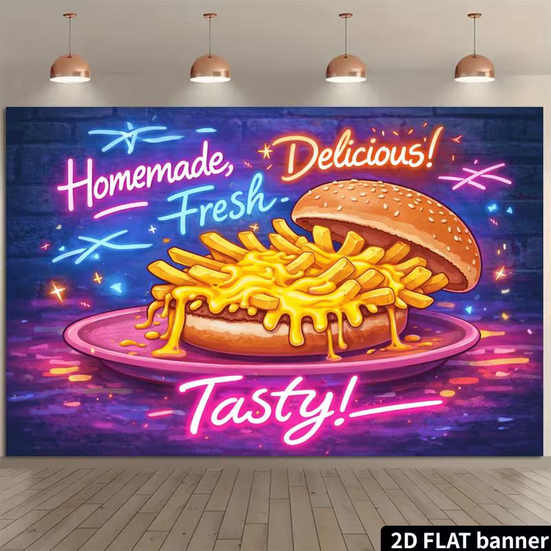 2D Homemade Fresh Burger Tapestry, Delicious Food Store Wall Decor for Cafe