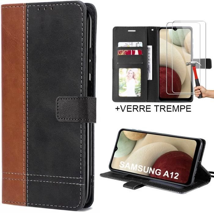 Lot de 2 verres trempés+ coque pour samsung a12 intégrale effet cuir bicolore marron-noir