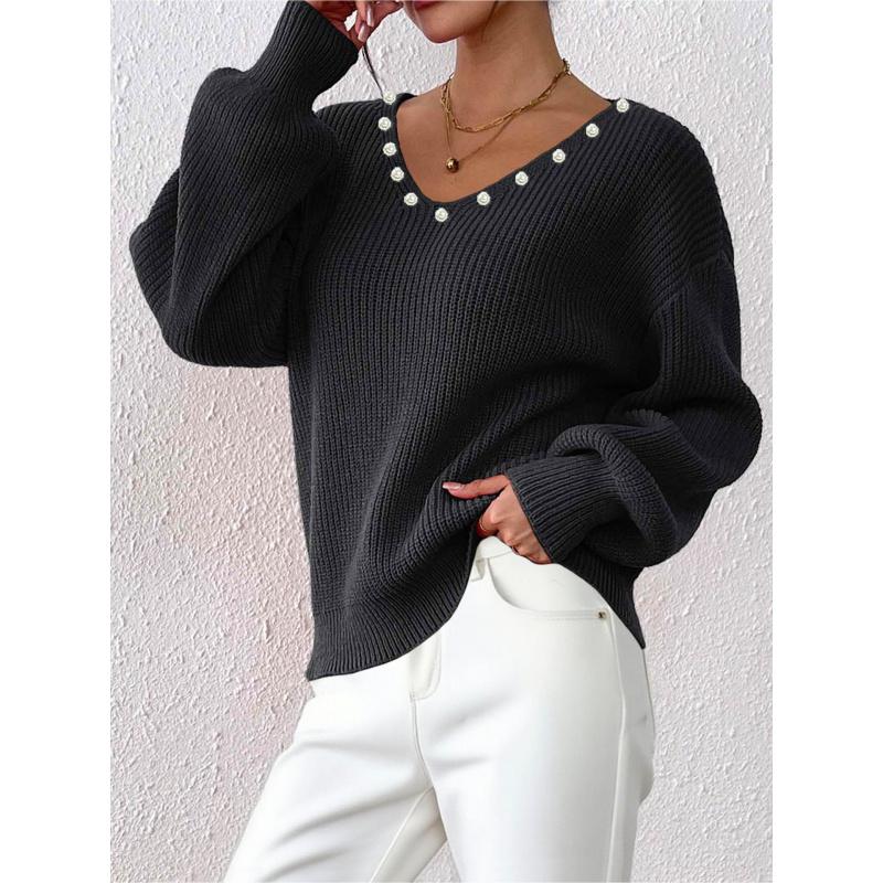 

Women s Autumn Winter New Loose Lazy Style Sweater with Beaded Pearls V-Neck Casual Pullover XL чорний