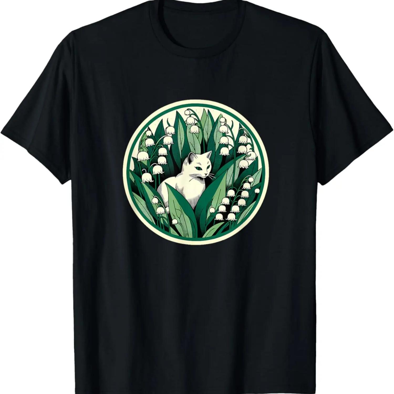 White Cat Art flower Lily of the Valley T-Shirt S чёрный