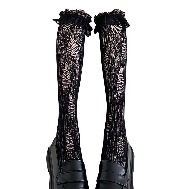 White Lace Lolita Mid-Tube Calf Socks - Women's Japanese Long Lace Stockings, Over-the-Knee Style.