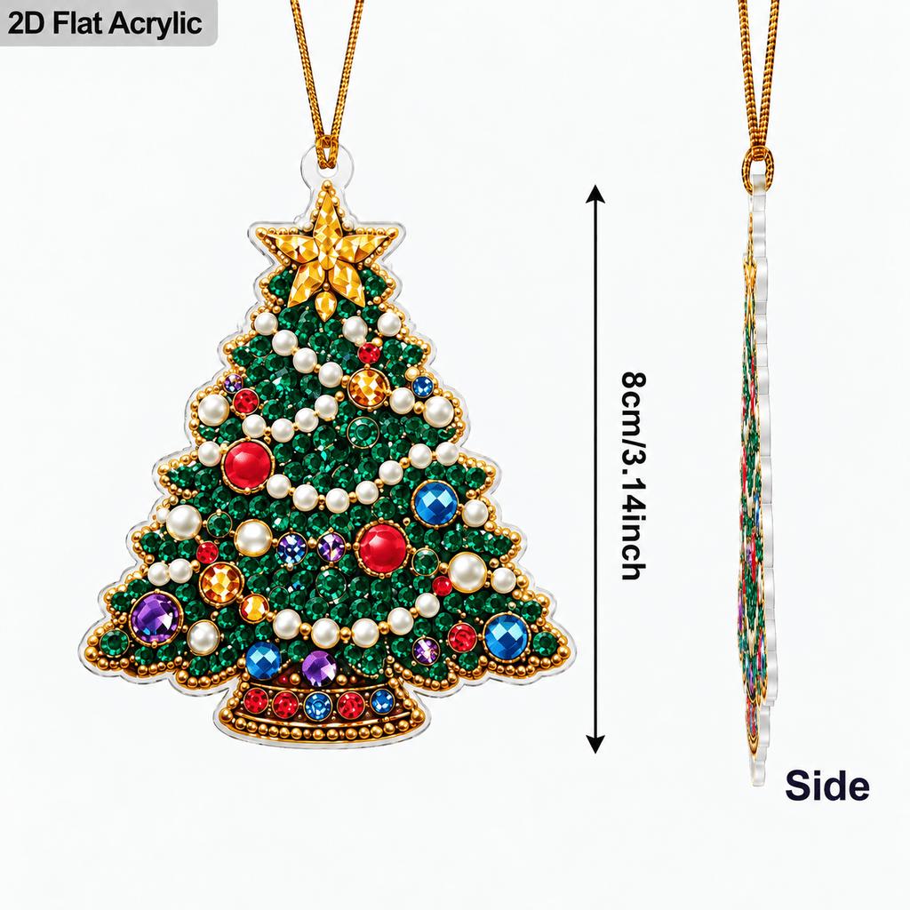 2D Flat 12Pcs DIY Acrylic Pearl Diamond Painting Christmas Ornaments Kit, Tree Hanging Decorations with Stocking, Gift Box, Angel, Nativity Scene