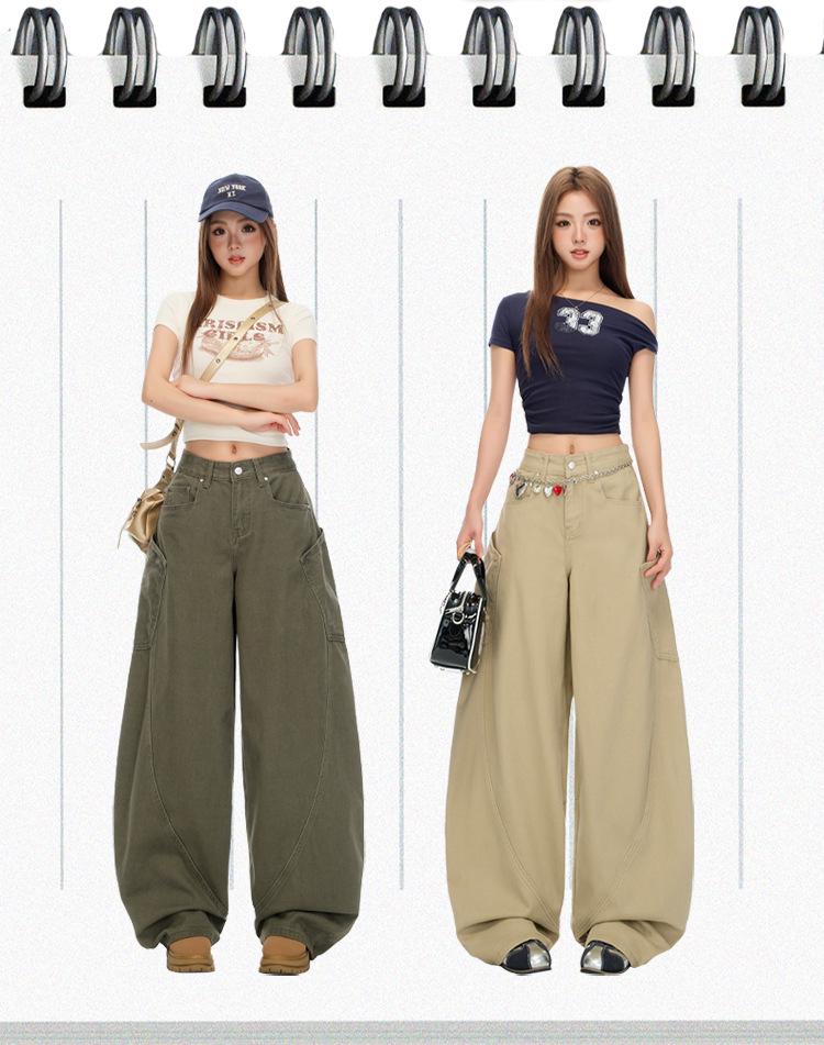 Autumn Khaki Scimitar High-Street Drapey Wide-Leg Jeans for Women