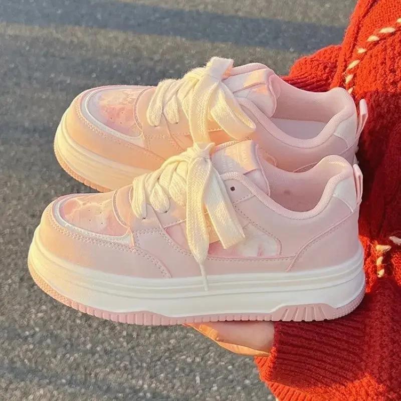 Fashion New Spring Women Breathable Sneakers Cute Pink Graffit Shoes Thick Heel Sneakers Casual Running Platform Y2K Lolita Sports Shoes