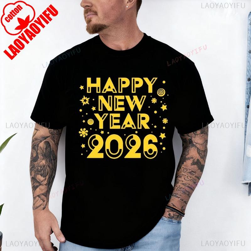 Frohes Neues Jahr 2026 Erwachsenen T-Shirt für Männer und Frauen Rundhalsausschnitt Kurzarm Baumwolle Oberteil Alle Jahreszeiten Lässige Mode Weich Bequem