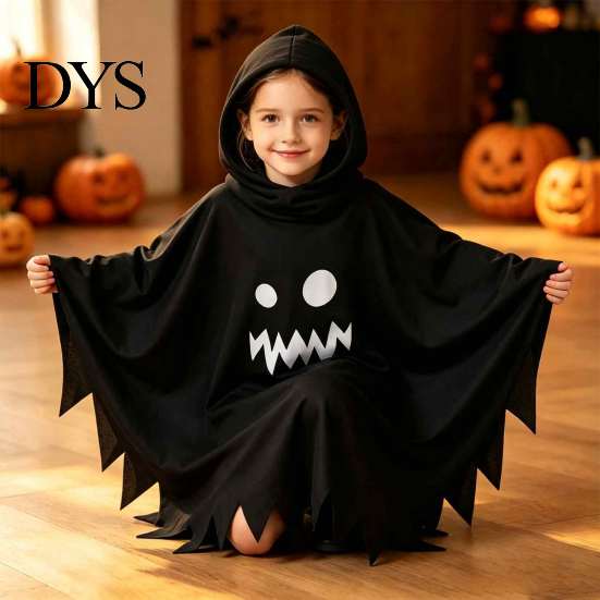 Indoor Outdoor Halloween Activity Wear Hooded Ghost Costume, White/Black Cape Costume for Kids Adults, Spooky Easy Loose Style Party Outfit with Wave
