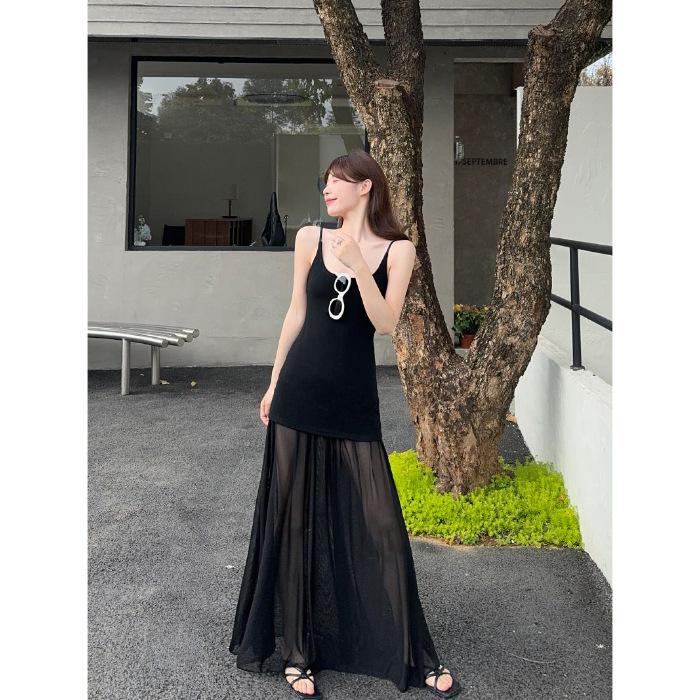 

Korean version of human cotton splicing dress seaside vacation skirt waist feeling mopping design feeling mesh splicing suspender dress S чёрный