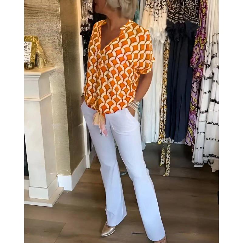 

Летняя мода V-образный вырез элегантная принтованная рубашка женская XXXL