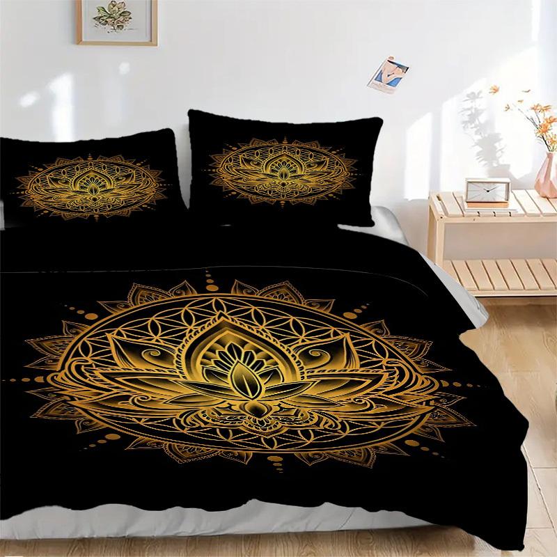 3pc Lotus Mandala Cover Set - 1 Quilt Cover + 2 Pillowcases, All Seasons Bedroom Setting, Perfect for Home002