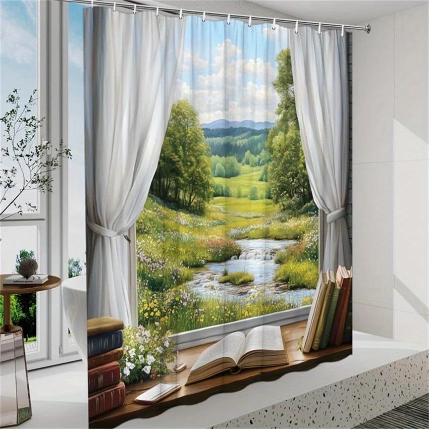 Tenda da Doccia in Poliestere - Scena di Campagna con Vegetazione e Ruscello, 70,8X70,8", 12 Ganci, Lavabile e Durevole