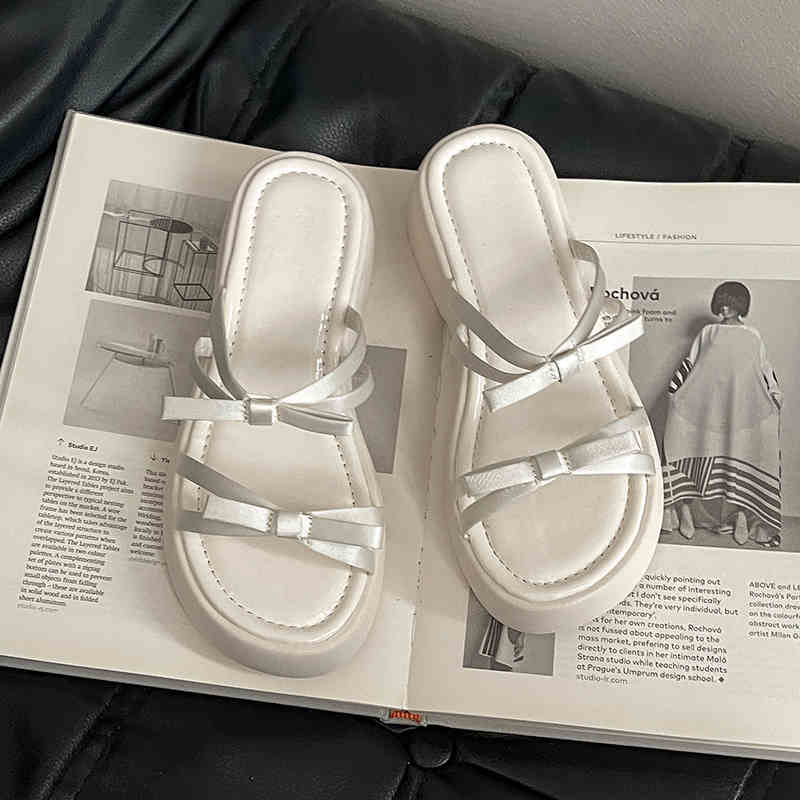 Butterfly-knot Platform Heel Women Slippers Concise Dress Street Style Slides Summer Ladies Outdoor Sandalias