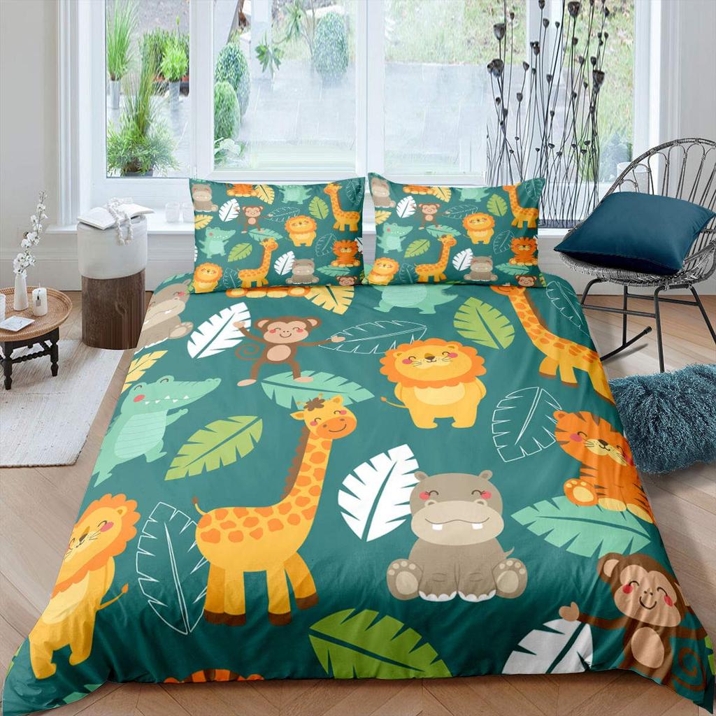 Cartoon Animals Duvet Cover Set King Size Savannah Tropical Forest Jungle Wildlife Bedding Set Kids Zoo Polyester Quilt Cover