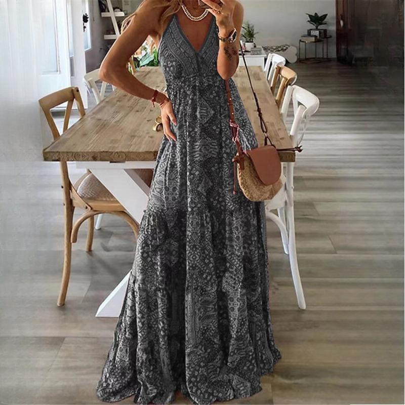 GMXIA Women's Boho Halter Long High Waist V-Neck Printed Floral Dresses