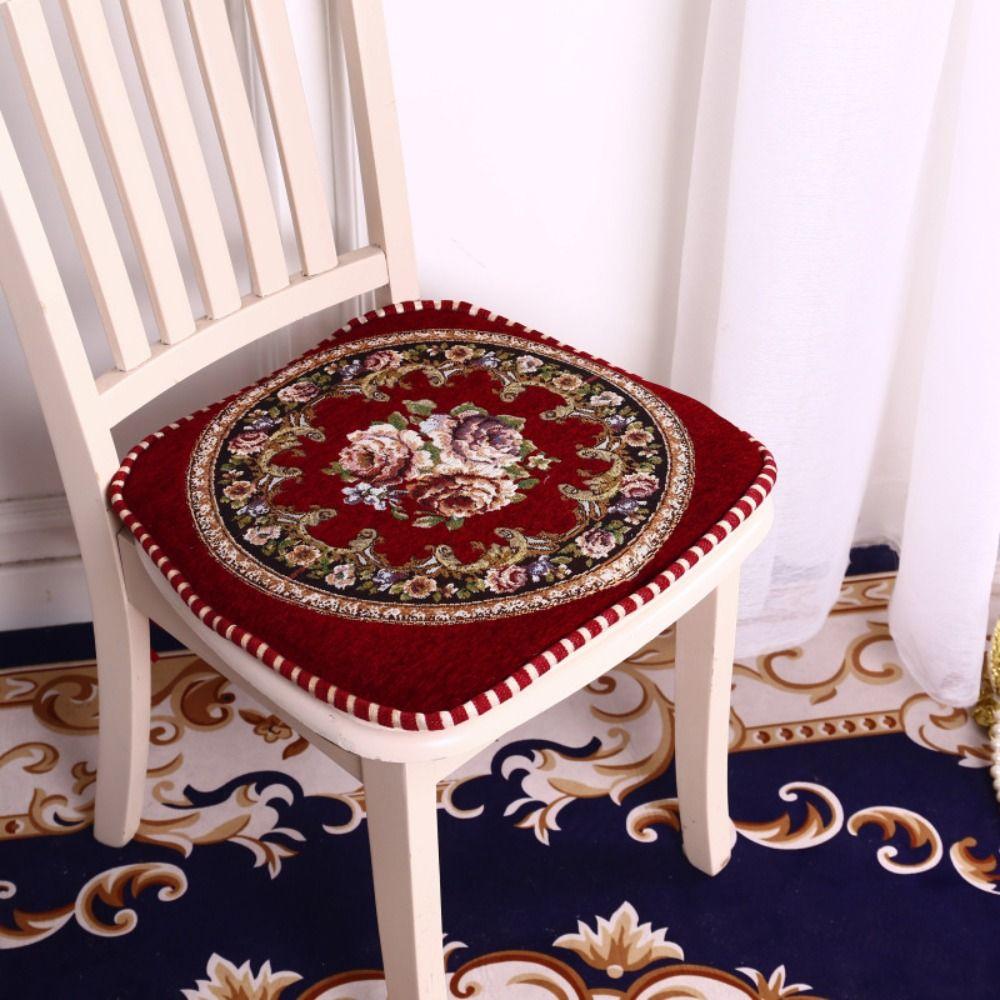 Floral Pattern Dining Chair Cushion Chenille Buttocks Pad Embroidered Chair Mat  Office Classroom