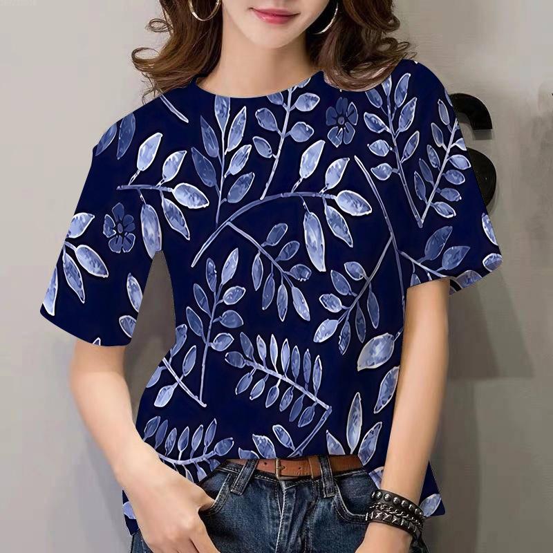 Fashion European and American Women's T-shirt Plant Flower Pattern 3D Printing Casual Women's Round Neck Short Sleeve Top