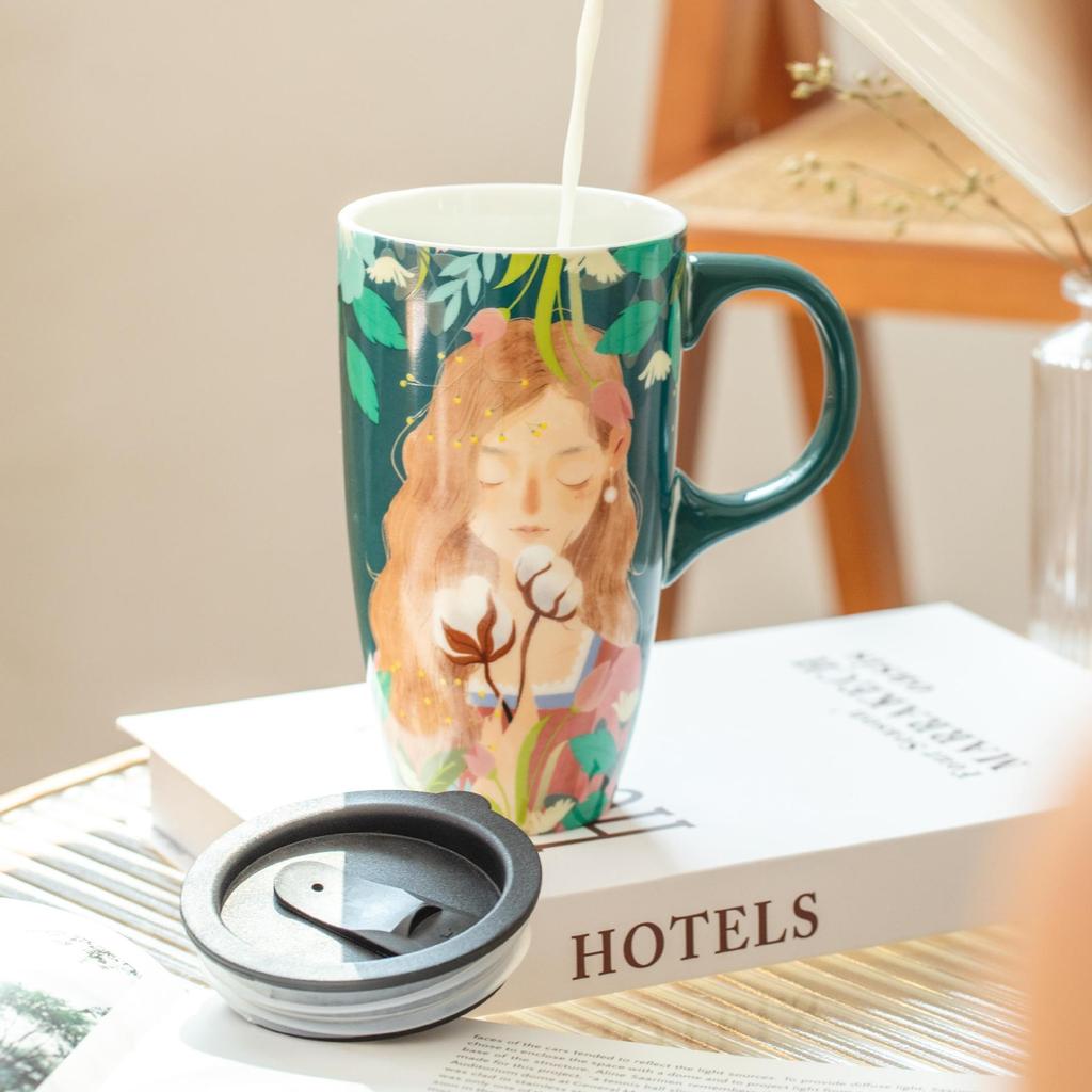 Small Fresh Large Capacity Ceramic Cup Cute Girl Mug with Lid High Value Home Coffee Cup Household Water Cup