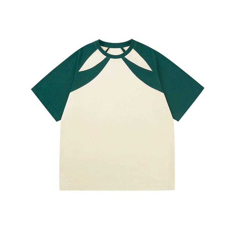 Pure Cotton Off-the-shoulder Color-blocking Light-colored Short-sleeved T-shirt