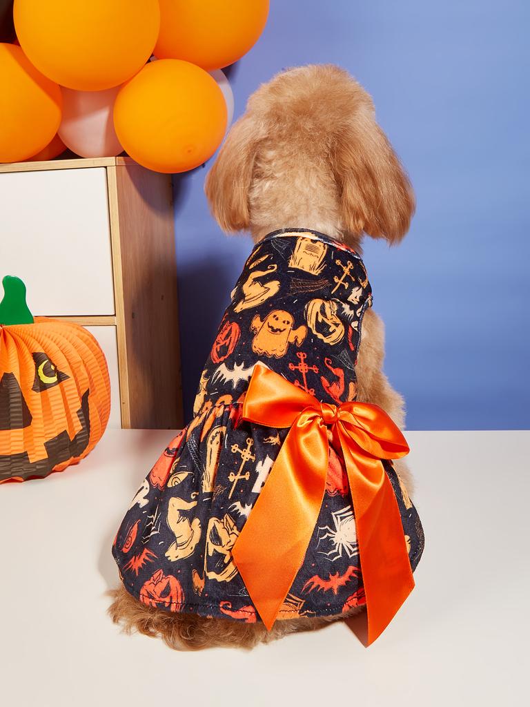 Halloween Lightweight Velvet Clothes Dog Costume Puppy Dress Doggie Party Girl One Piece with Bowknot Holiday Cat Outfits Black