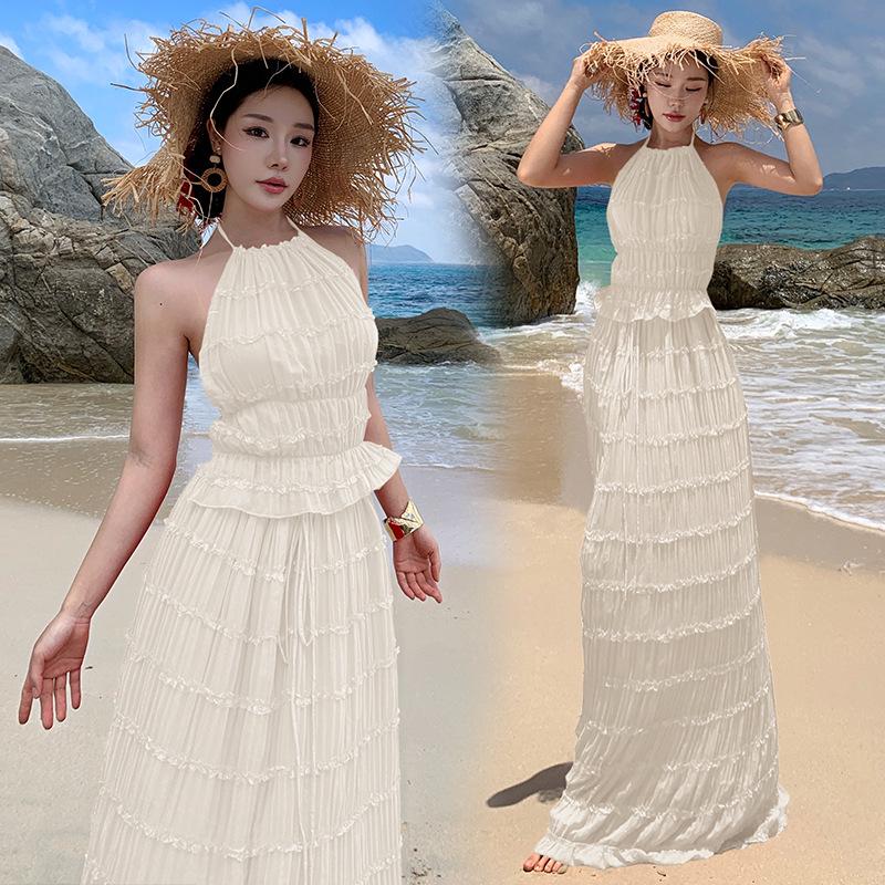 

Elegant French Royal Court Halter Two-Piece Dress - Women s Retro Short Skirt for Beach Vacations Medium белый